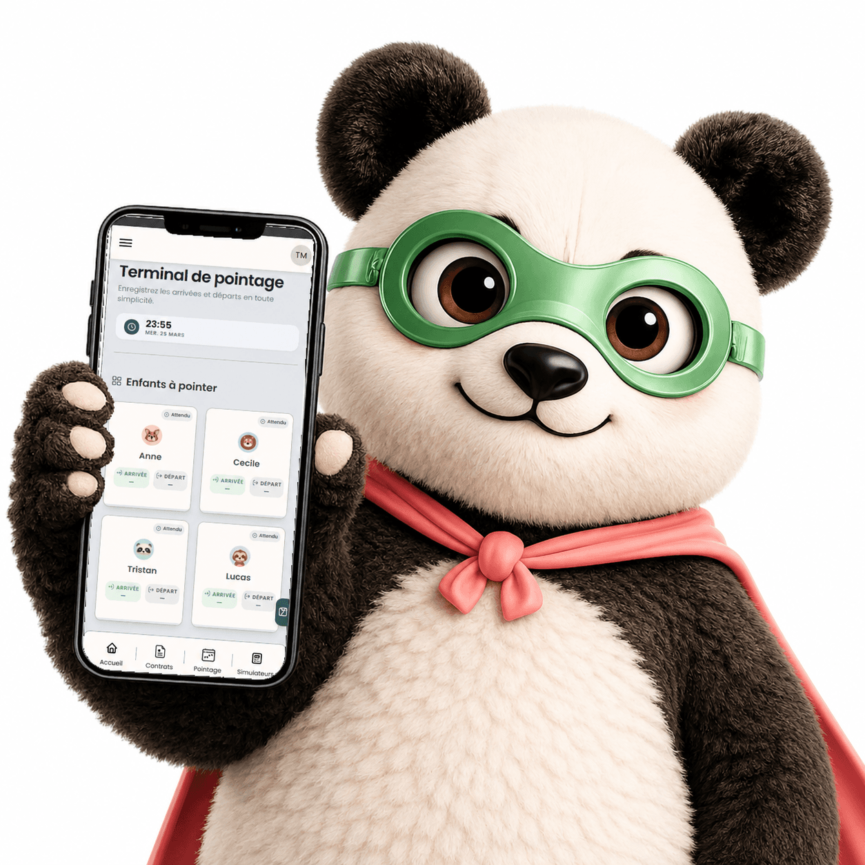 Un parent scanne la plaque de pointage Pandi-Panda avec son téléphone à l'entrée.