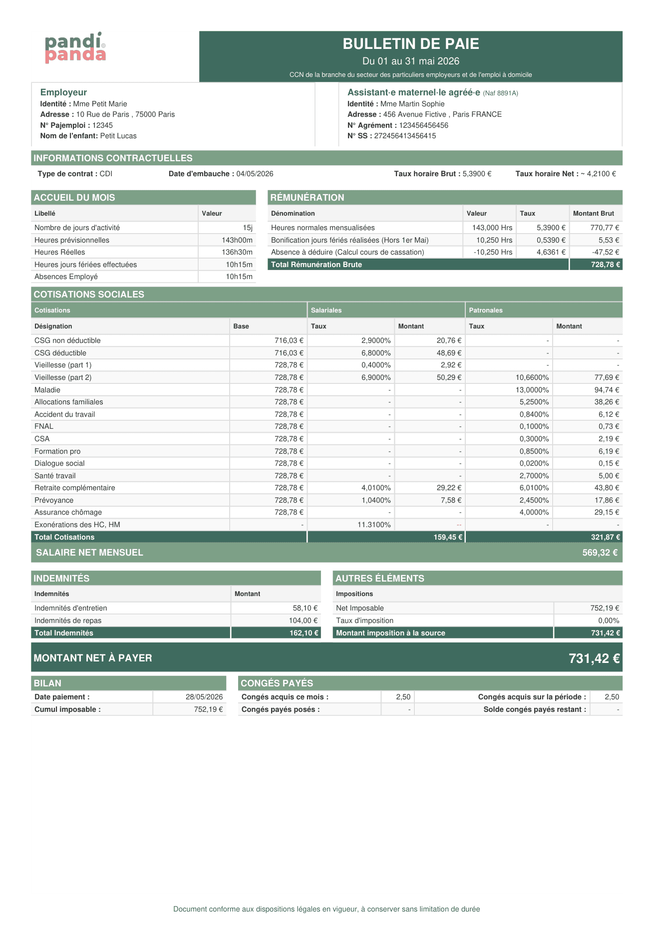 Exemple de bulletin de salaire généré par l'application Pandi-Panda