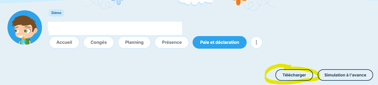 Fiche enfant Nounoutop : l'onglet « Paie et déclaration » est ouvert et le bouton « Télécharger » est entouré en haut à droite.