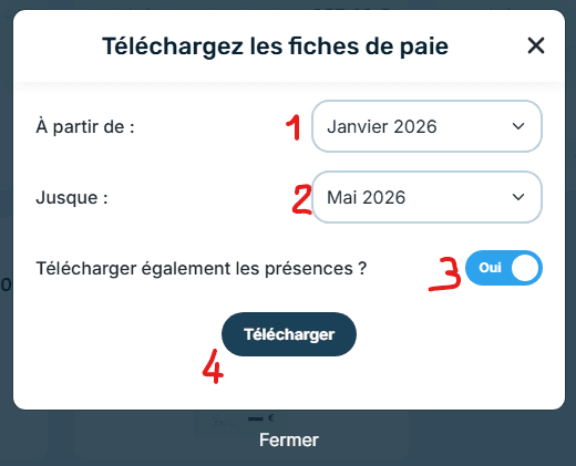 Fenêtre « Téléchargez les fiches de paie » de Nounoutop : les champs À partir de, Jusque, le bouton des présences sur Oui et le bouton Télécharger sont numérotés de 1 à 4.